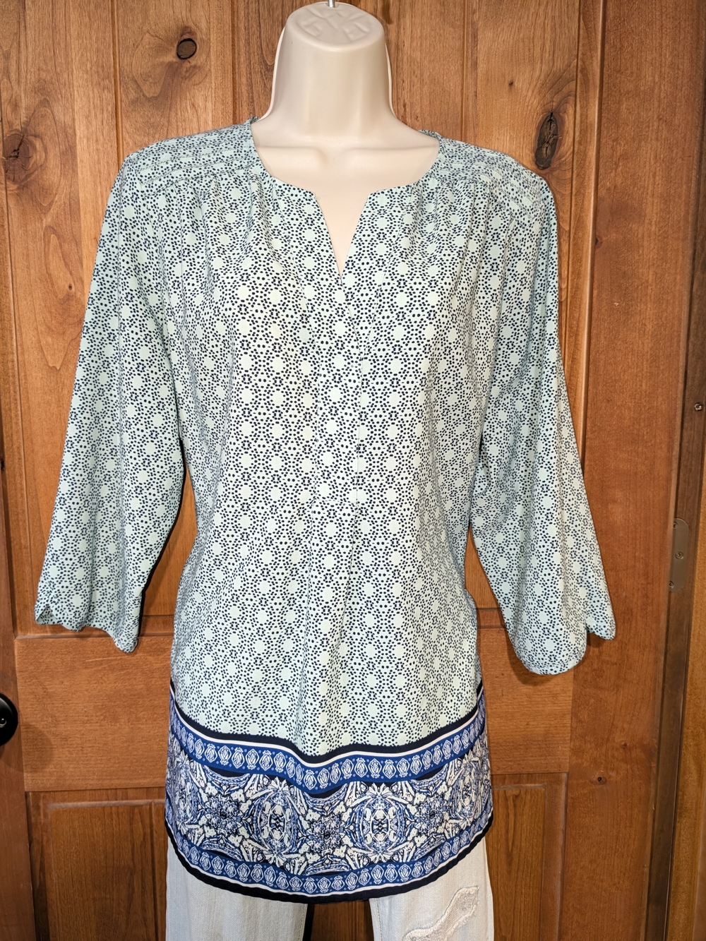 croft & barrow Light Green Printed Split-Front Tunic with Navy Border